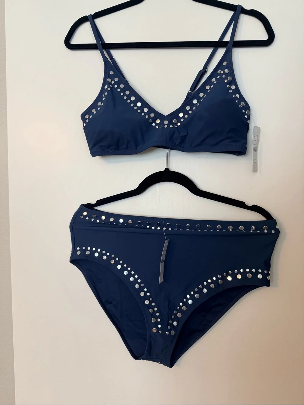 J Crew Women’s Navy Blue Stud-Trim High-Waist Bikini Set